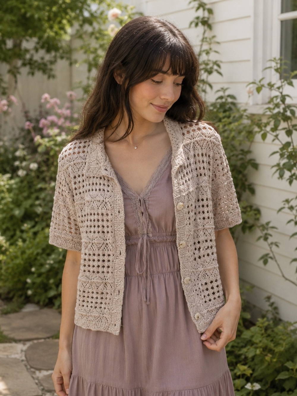 Neuflora Crochet Knit Short Sleeve Button-Up Cardigan Medium Cotton Beige